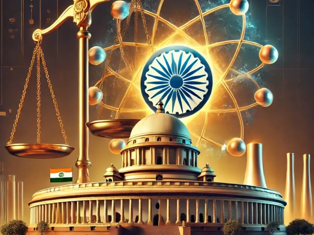 DALL·E 2024-12-31 00.37.16 - A realistic illustration representing the Indian atomic legal framework. The image includes symbolic elements like the Indian Parliament building, an