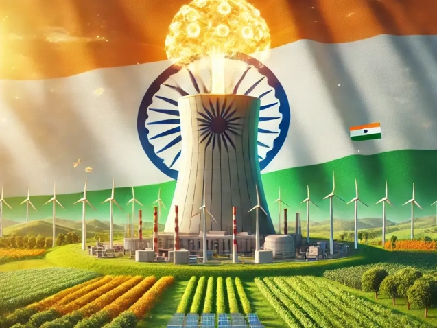 DALL·E 2024-12-31 00.46.02 - A realistic illustration representing atomic power driving a sustainable economy in India. The image includes a glowing nuclear power plant surrounded